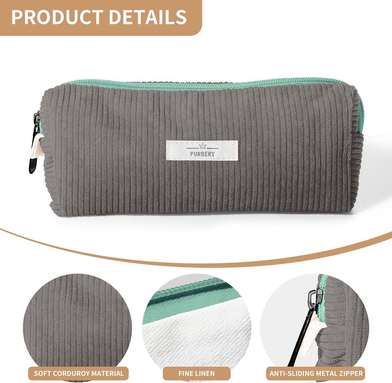 Purbert Pencil Bag Pen Case, Soft Corduroy Small Pencil Pouch Organizer with Zipper, Cute Pencil Case Pouch Stationery for Girls and Boys – Grey - Image 4